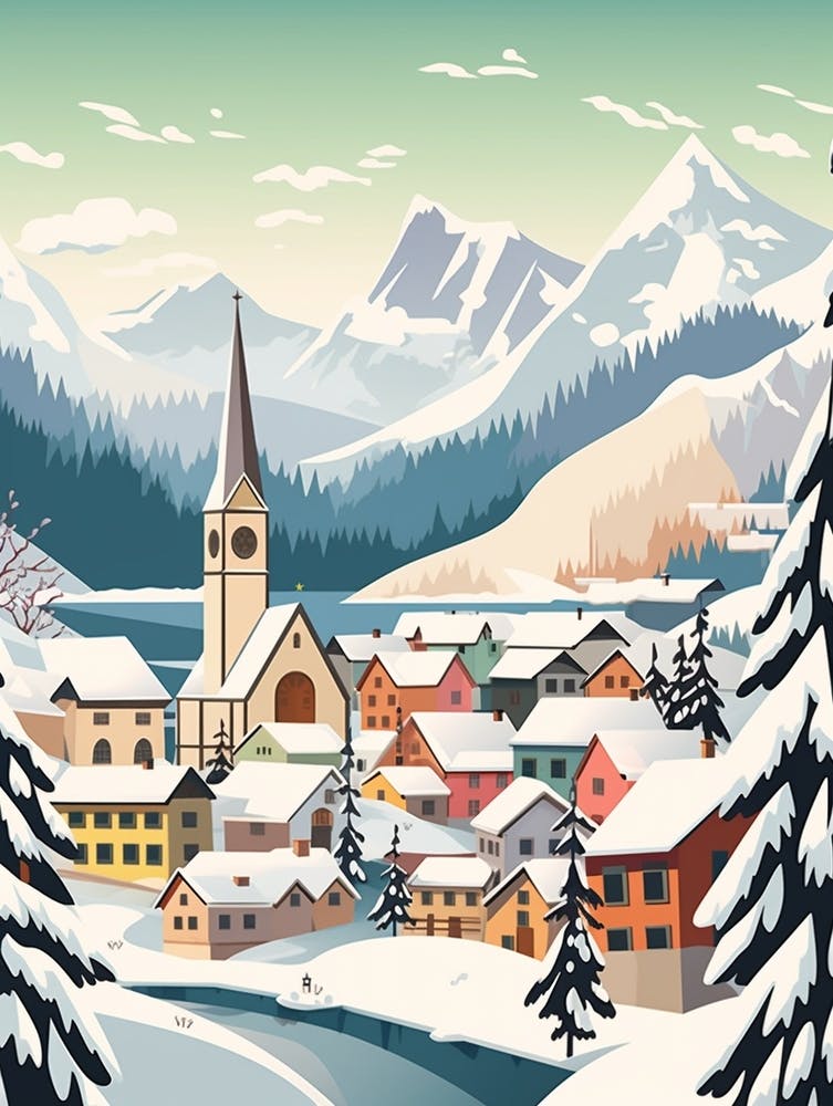 Vintage Winter Travel Illustration Hallstatt Austria 2