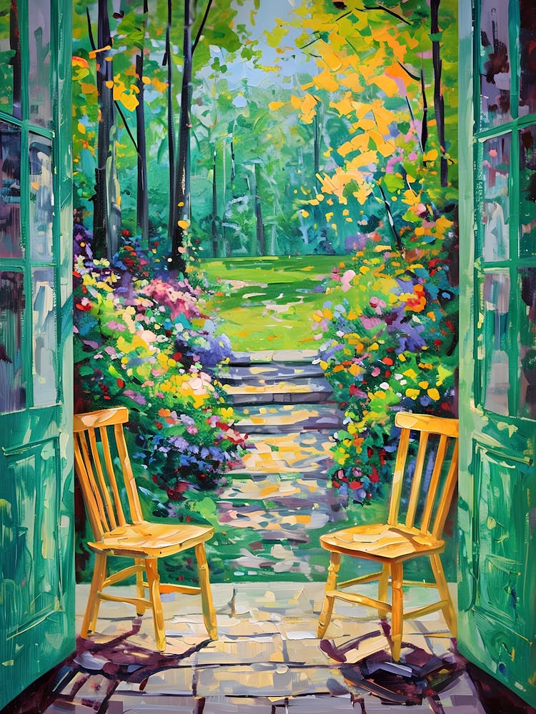 Vibrant Garden Scene Through Open Doorway With Chairs