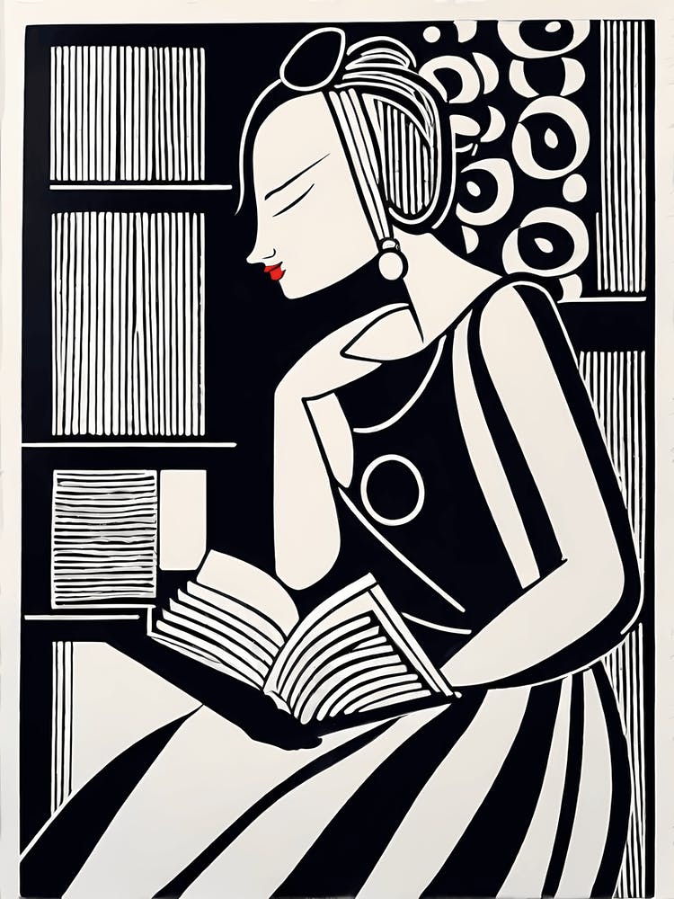 Juste une fille qui aime lire, Inspiré par la coupe Lion, Portrait stylisé en noir et blanc d'une femme lisant un livre, art de la lecture, rat de bibliothèque, Fille lisant 215