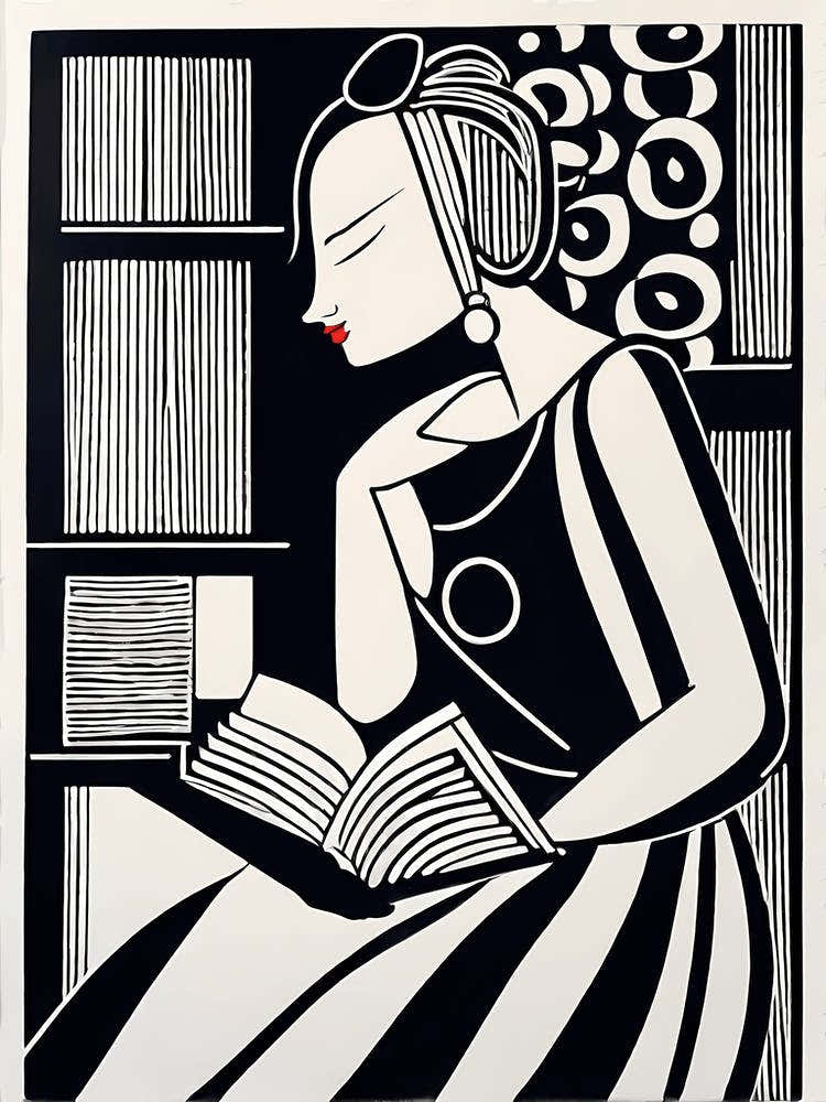 Just a girl who loves to read, Lion cut inspired Black and white Stylized portrait of a Woman reading a book, reading art, book worm, Reading girl 215