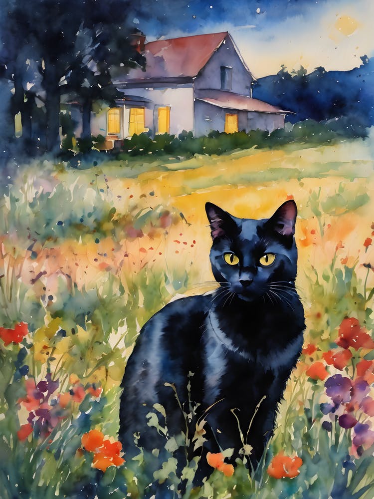 Black Cat by The Farmhouse at Night in a Flowery Meadow Iconic Landscape Traditional Watercolor Kitty Travels Home and Room Wall Art Cool Decor Klimt and Matisse Inspired Modern Awesome Cool Unique Pagan Witchy Witches Familiar Gift For Cat Lady Animal Lo