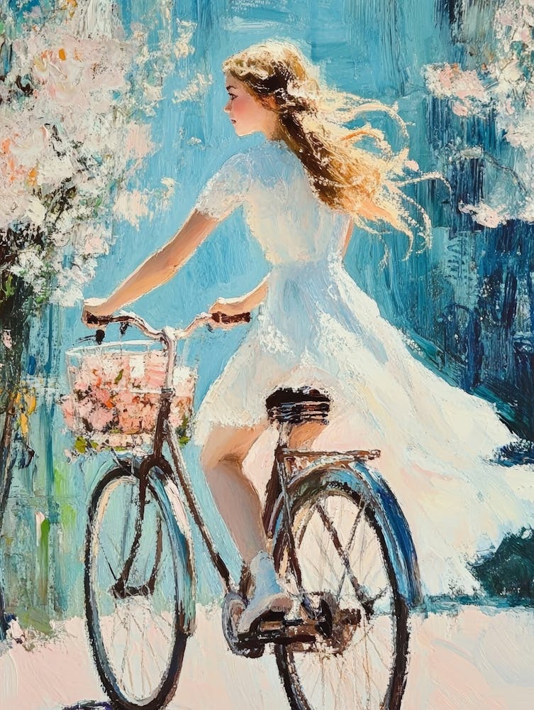 A Girl In A White Dress Rides A Bicycle 1
