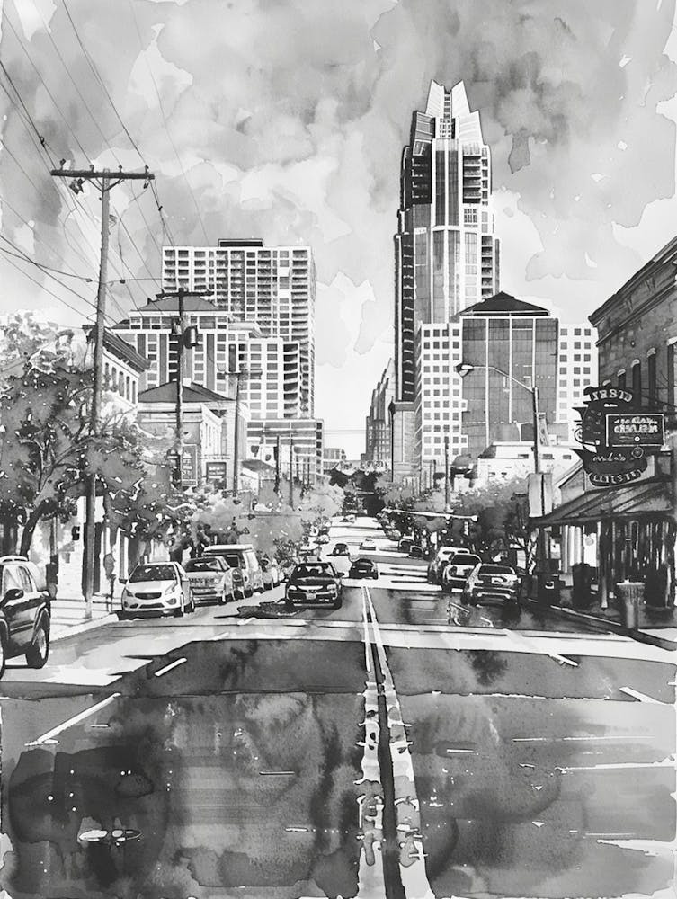 Sixth Street Austin Texas Black And White Watercolour 1