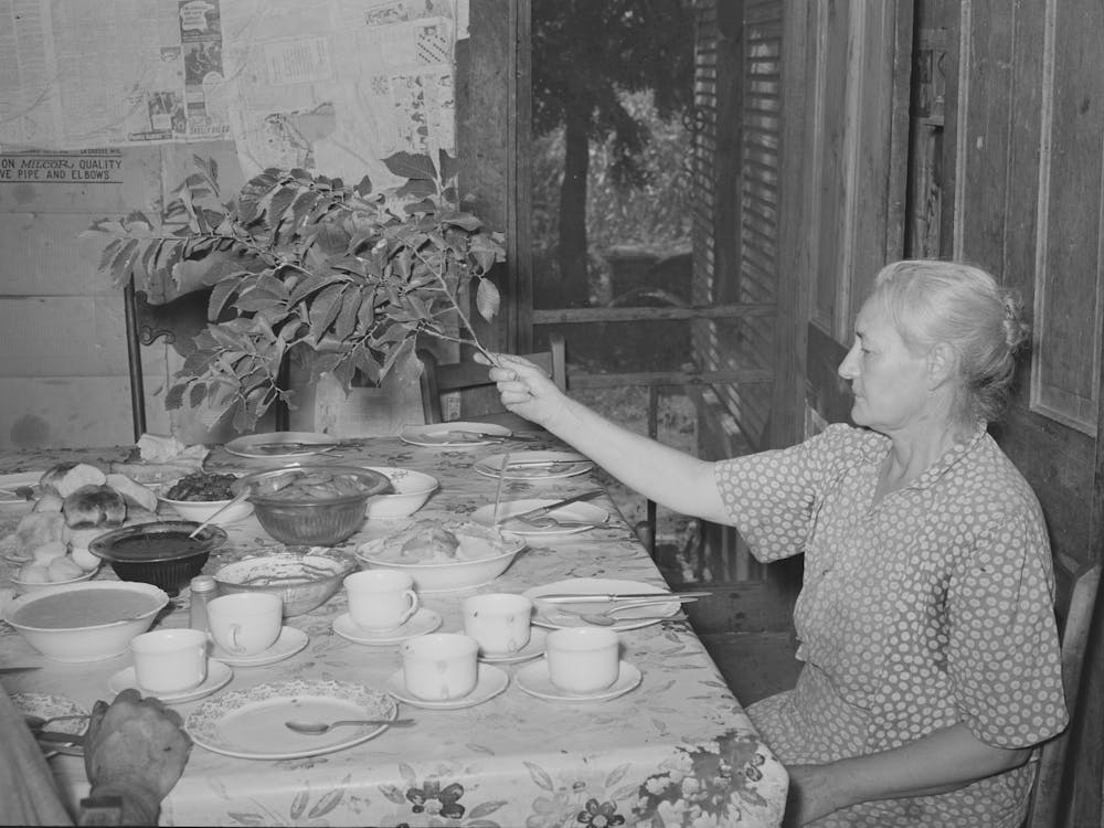 Family Of Tenant Farmer At Noonday Meal Near Muskogee, Oklahoma, His Wife Is Shooing Away Flies With Branch