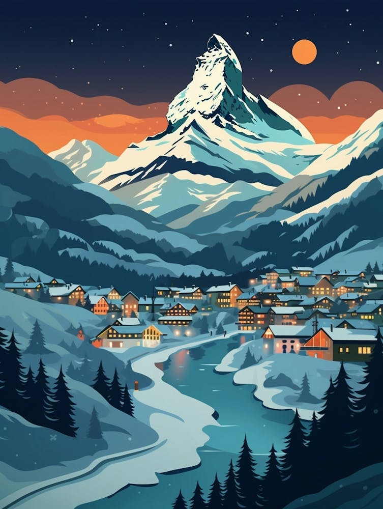 Winter Travel Night Illustration Zermatt Switzerland 3