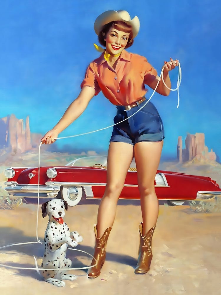 Cowgirl With Dalmatian Puppy, Vintage, Retro Western Aesthetic