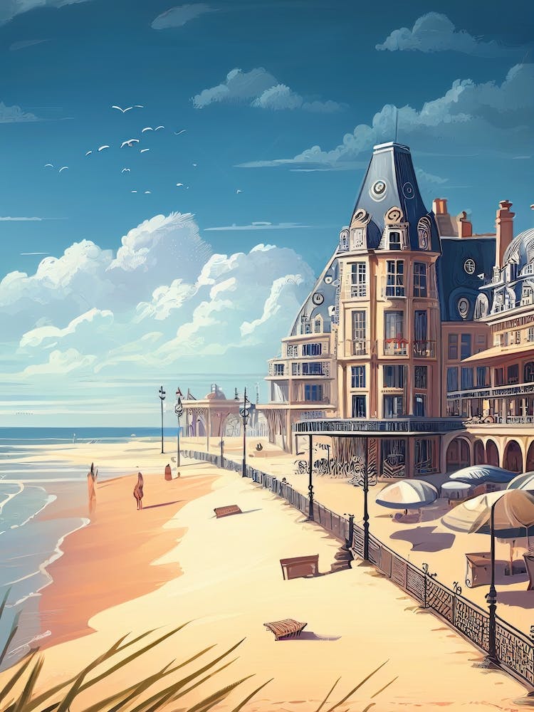 Deauville, France - Retro Landscape Beach and Coastal Theme Travel Poster