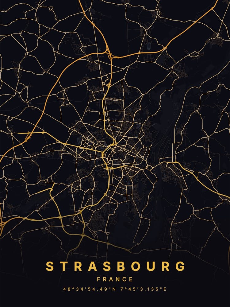 Strasbourg France Black And Gold Map