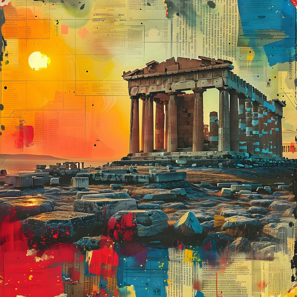 Parthenon at sunset, retro collage