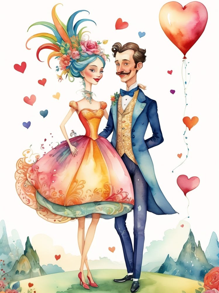 Couple Holding Heart Balloons Valentine's Day water Color caricature , Love