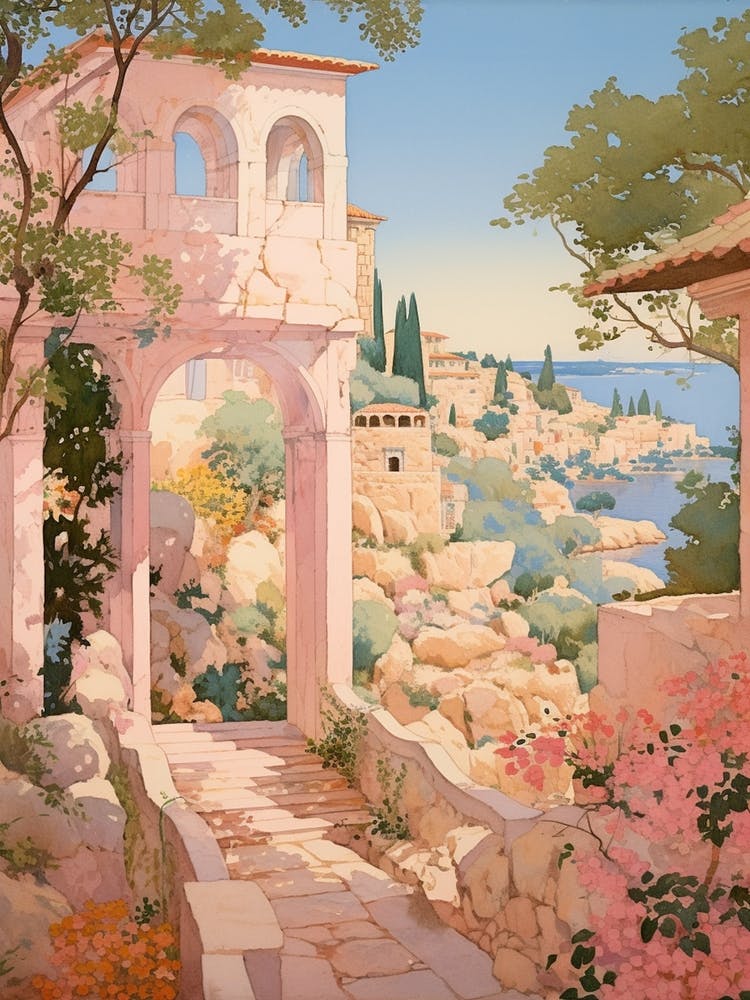 Algarve Portugal 2 Vintage Pink Travel Illustration