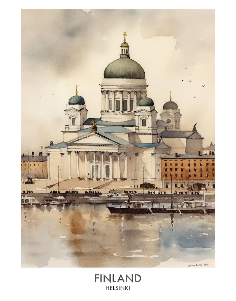 Helsinki, Finland 4 Watercolor Travel Poster