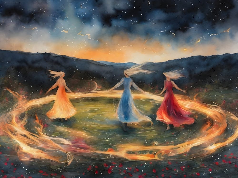 Dance of the Crones ~ Wise Women Fire Dancing on Beltane Drawing up Power from the Earth to Heal and Manifest - Acrylic Painting Colorful Witchy Artwork of Pagan Celtic Festival May Day Eve - Fairytale Powerful Wild Sisters Network Creating Magick HD