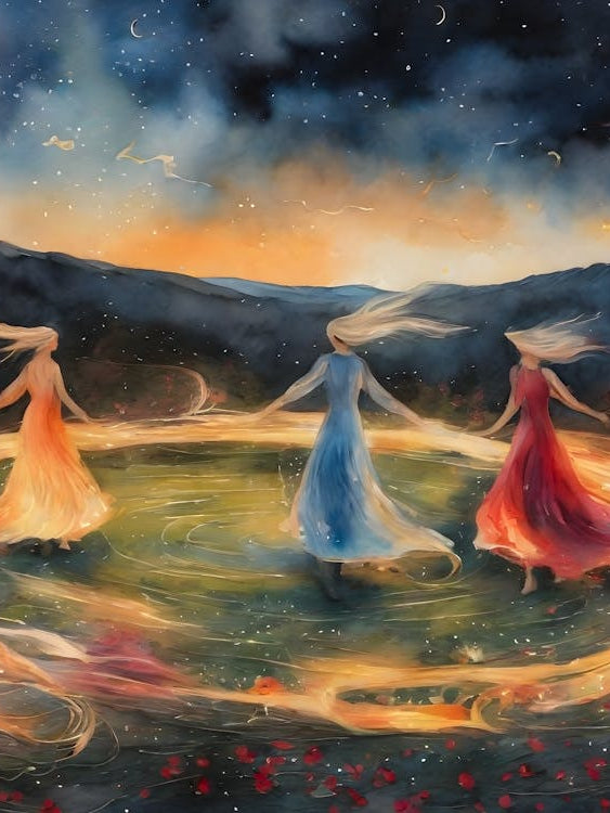 Dance of the Crones ~ Wise Women Fire Dancing on Beltane Drawing up Power from the Earth to Heal and Manifest - Acrylic Painting Colorful Witchy Artwork of Pagan Celtic Festival May Day Eve - Fairytale Powerful Wild Sisters Network Creating Magick HD