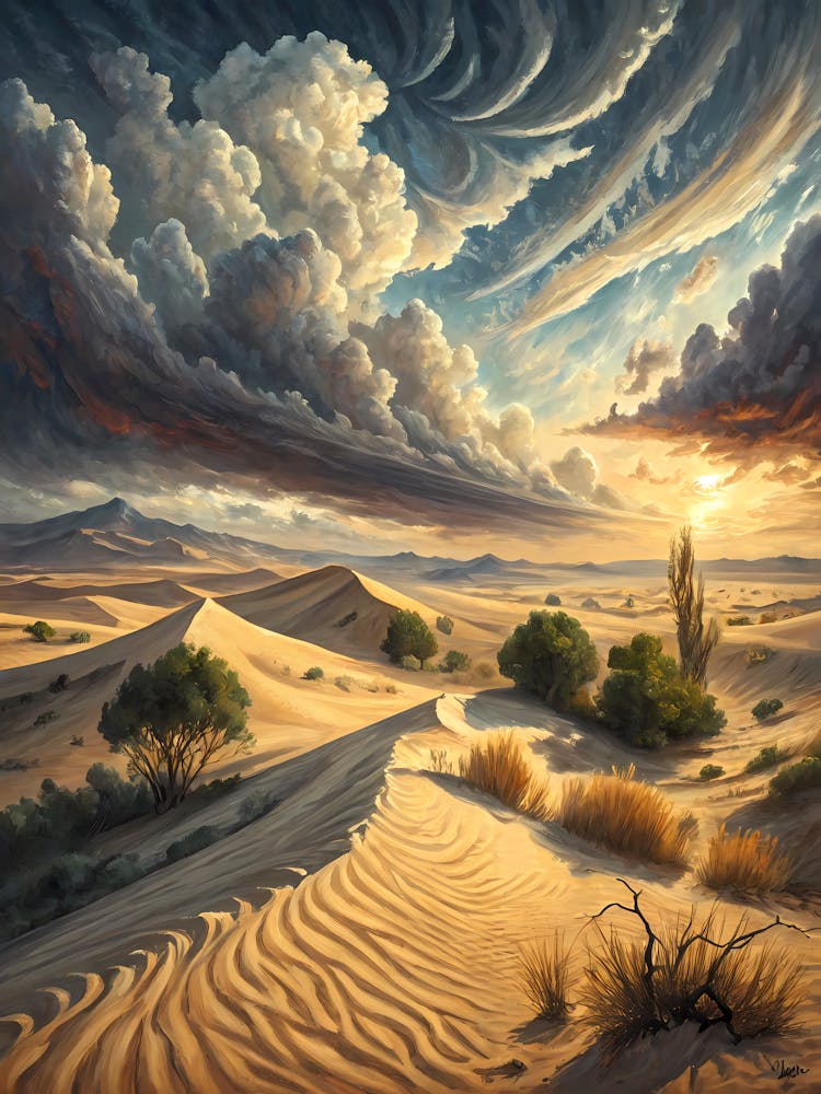 Quiet Desert Landscape with Dynamic Sky Oil Painting