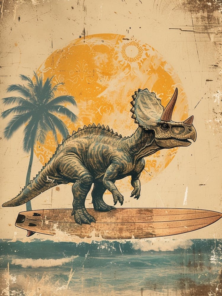 Vintage Triceratops Dinosaur On A Surf Board 1