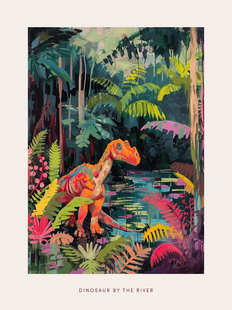 Dinosaur By The River Landscape Painting 2 Poster