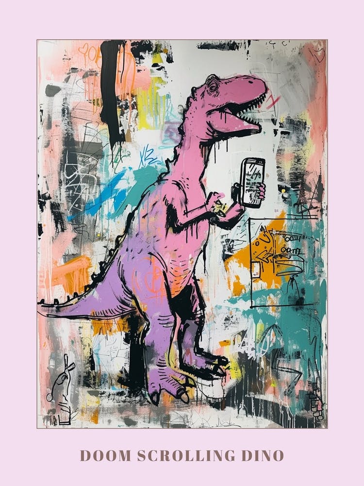 Dinosaur On A Smart Phone Pink Lilac Graffiti Style 3 Poster
