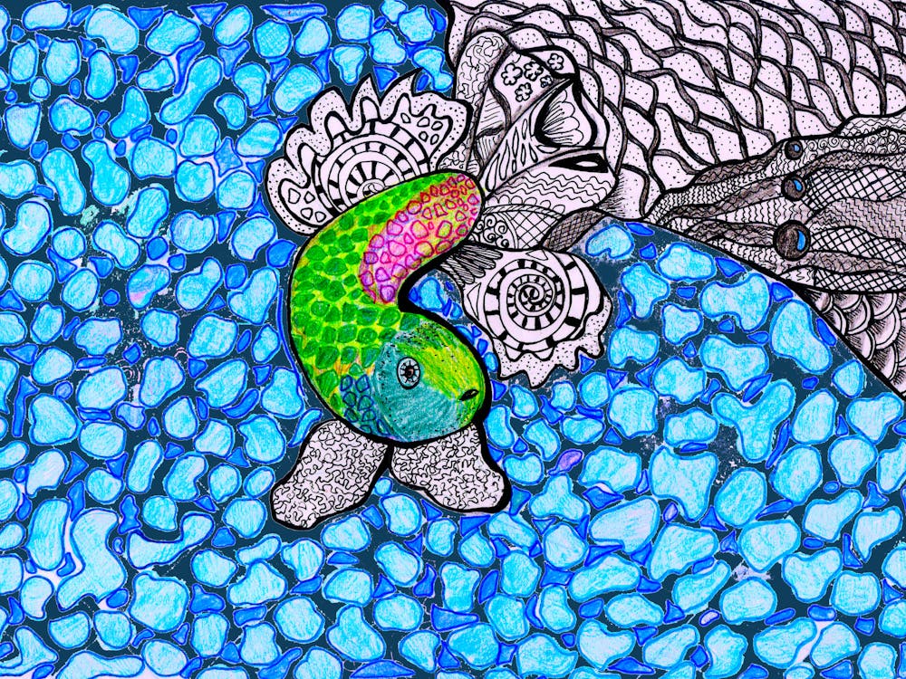 Artistic Colorful Hand Drawn Fish In Blue Water Bubble Background