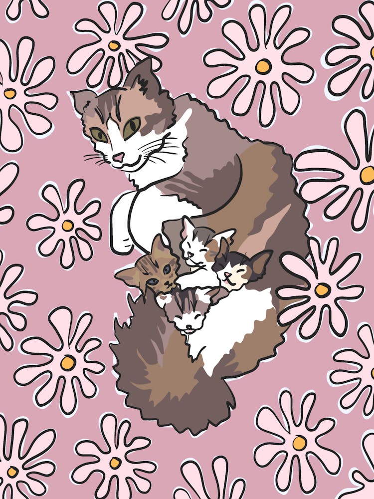 Retro Cat And Kittens with flowers