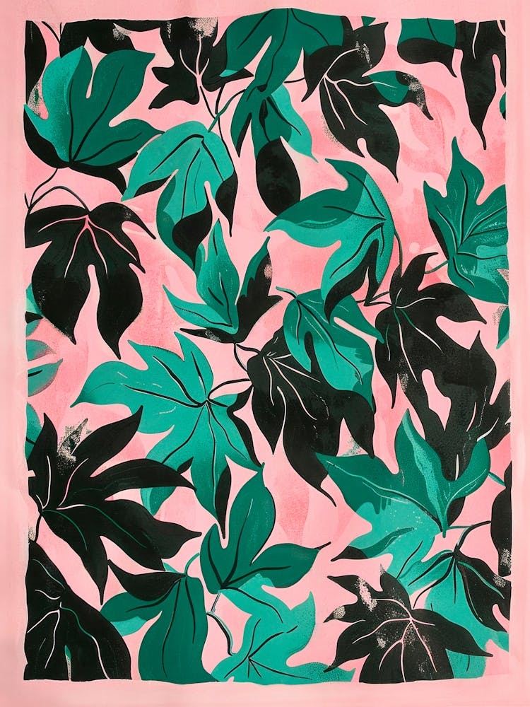 Black and green leaves on pink. Floral Pattern
