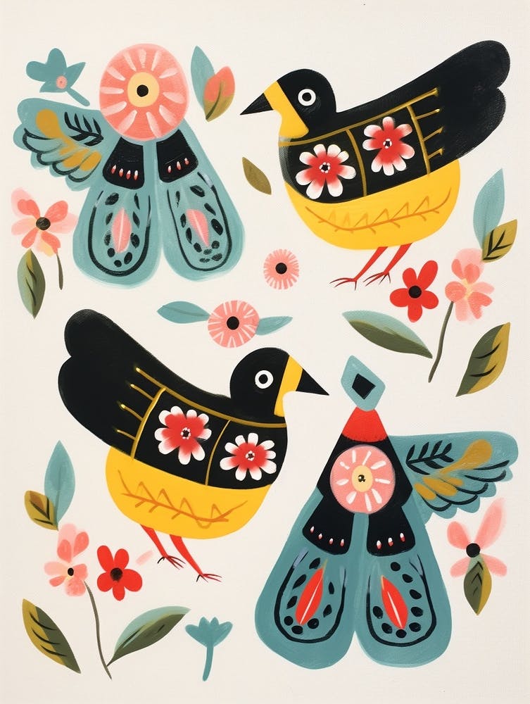 Peinture d'oiseau style folklorique Rouge-gorge 1