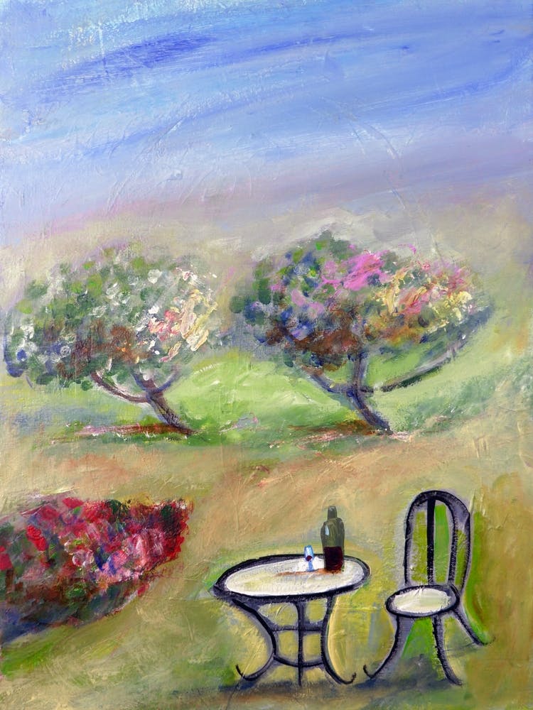 Garden Pleasure painting hand painted wine trees furniture blossom flowers green blue impressionism kitchen living room