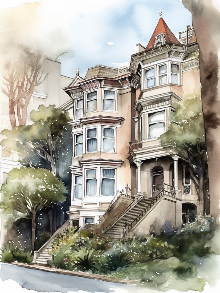 Pacific Heights San Francisco Neighborhood Watercolour 1