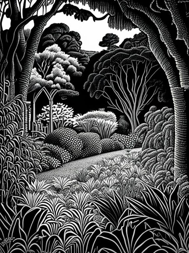 Keirunga Gardens, 1, New Zealand Linocut Black And White Vintage