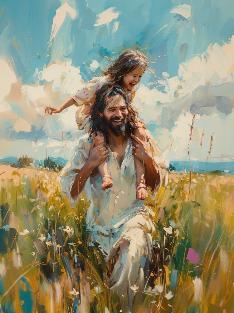 Life With Him, Jesus Christ And Little Girl Laughing, Jesus Carrying Girl, Christian Wall Art, Bible Art, Faithful Art, Jesus Painting, Lds