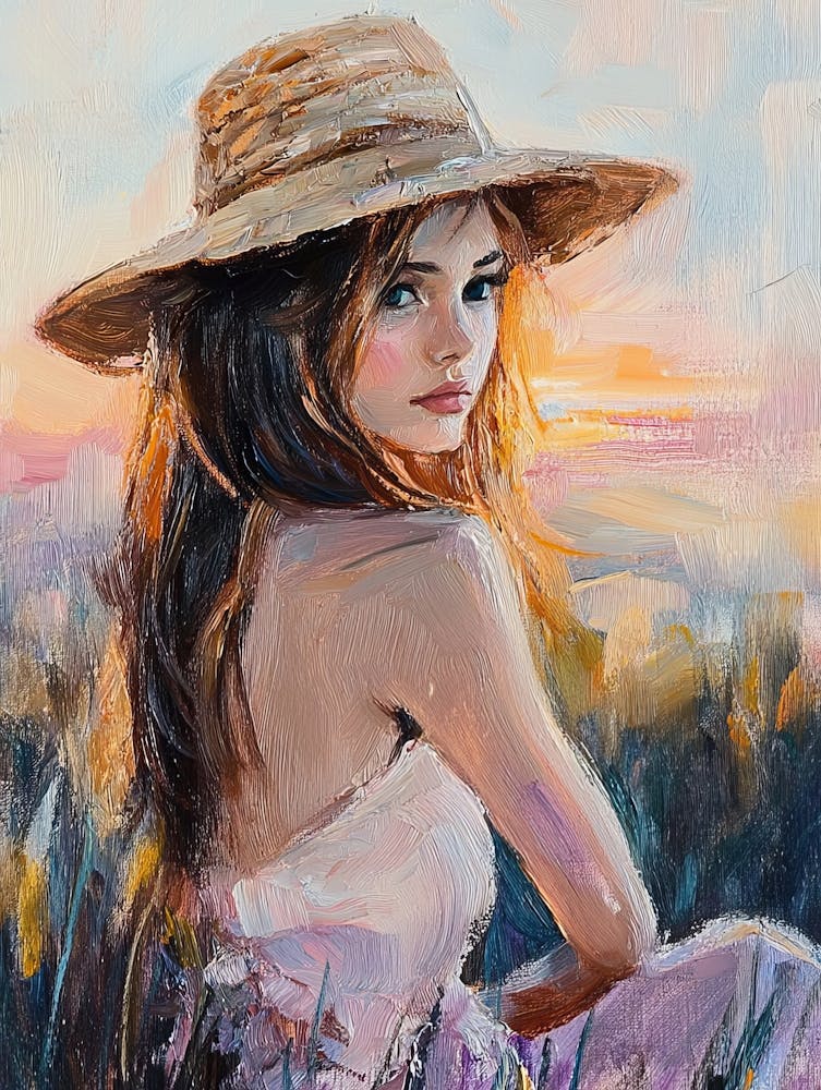 A Woman In A Straw Hat Sits In The Sunset 1