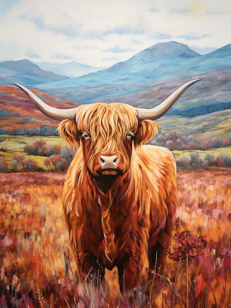 Brushstroke Impressionism Style Painting Of A Highland Cow In The Scottish Valley 5