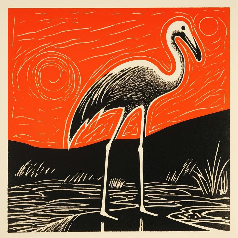 Retro Bird Lithograph Greater Flamingo 1