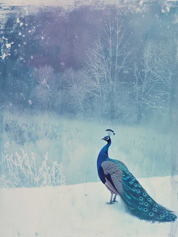 Vintage Peacock Snow Scene Blue 3