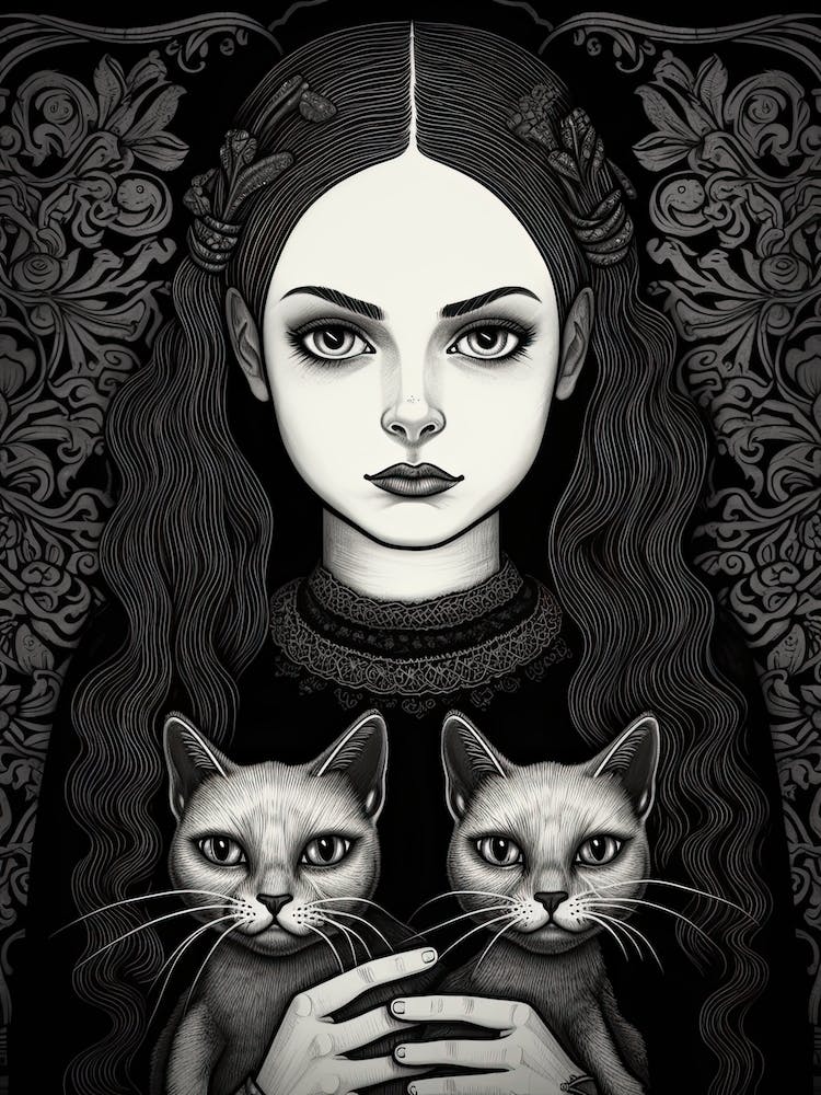 Wednesday Addams And A Cat Line Art Noveau 3 Fan Art