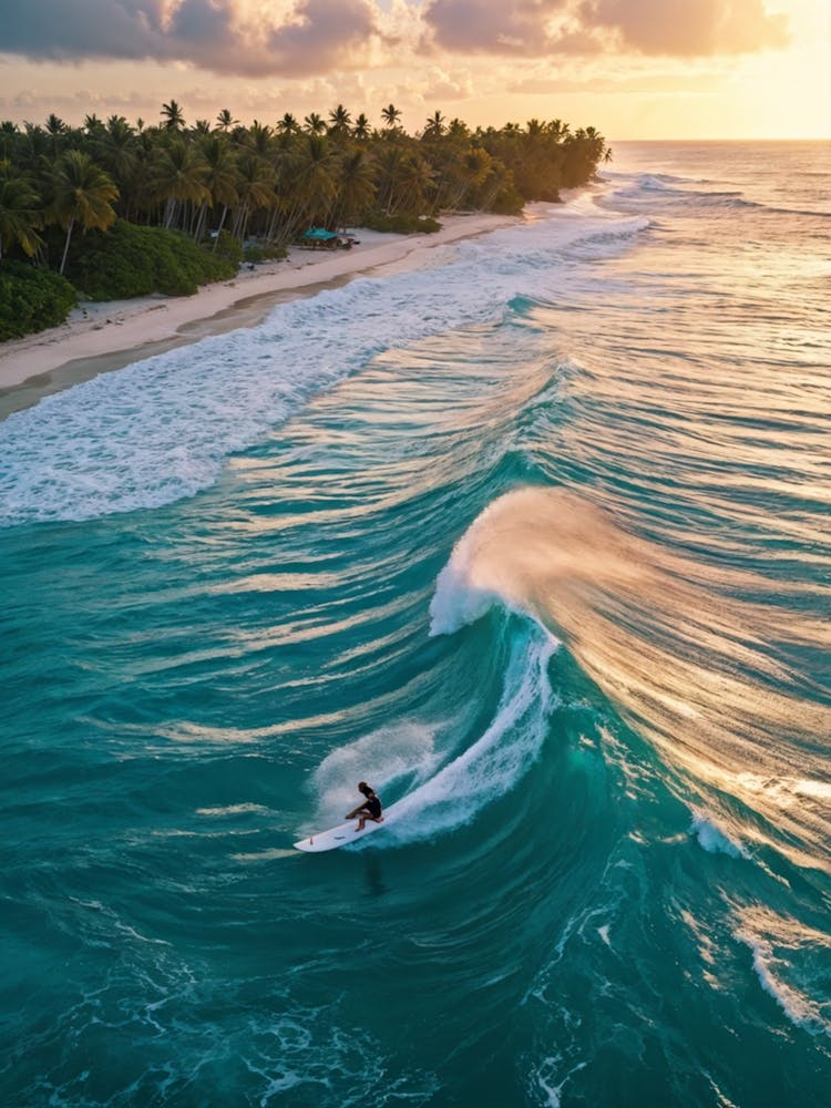 Capture An Aerial Perspective Of A Daring Surfer Confidently Riding The Islands Largest Wave On A S (1)