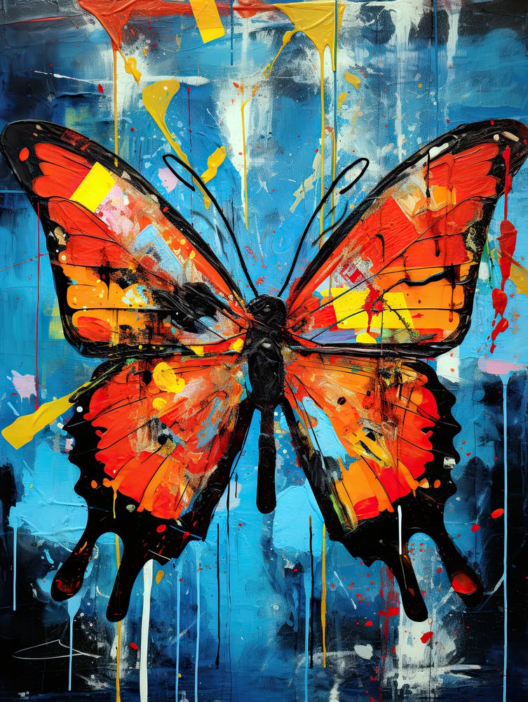 Bold Butterfly on blue background, Basquiat's Style