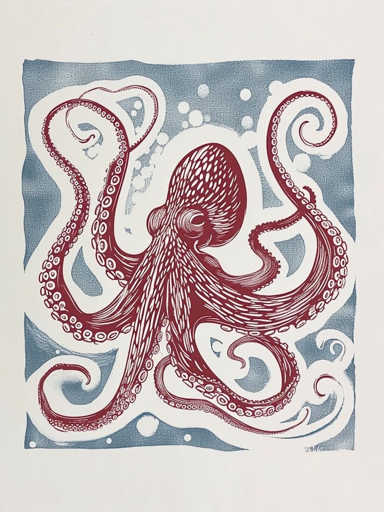 Linocut Inspired Navy Red Octopus With Coral 1