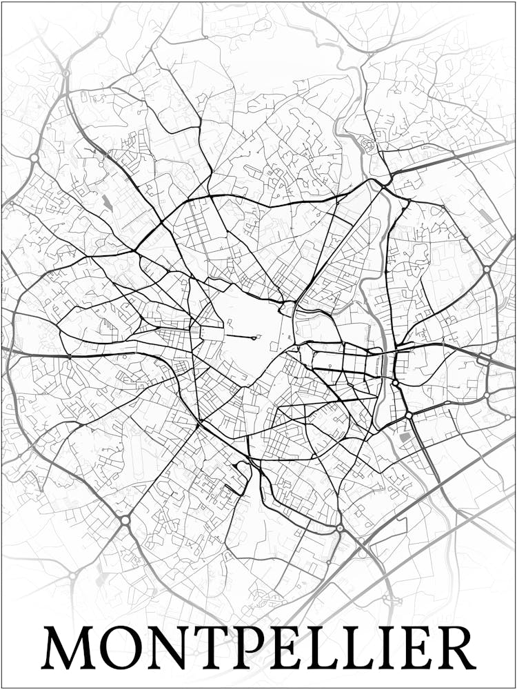 Montpellier, Hérault, France, City Map, Black And White Fade Design