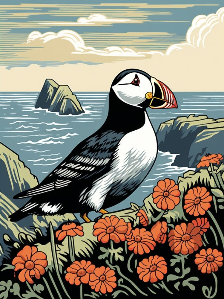 Vintage Bird Linocut Puffin 3