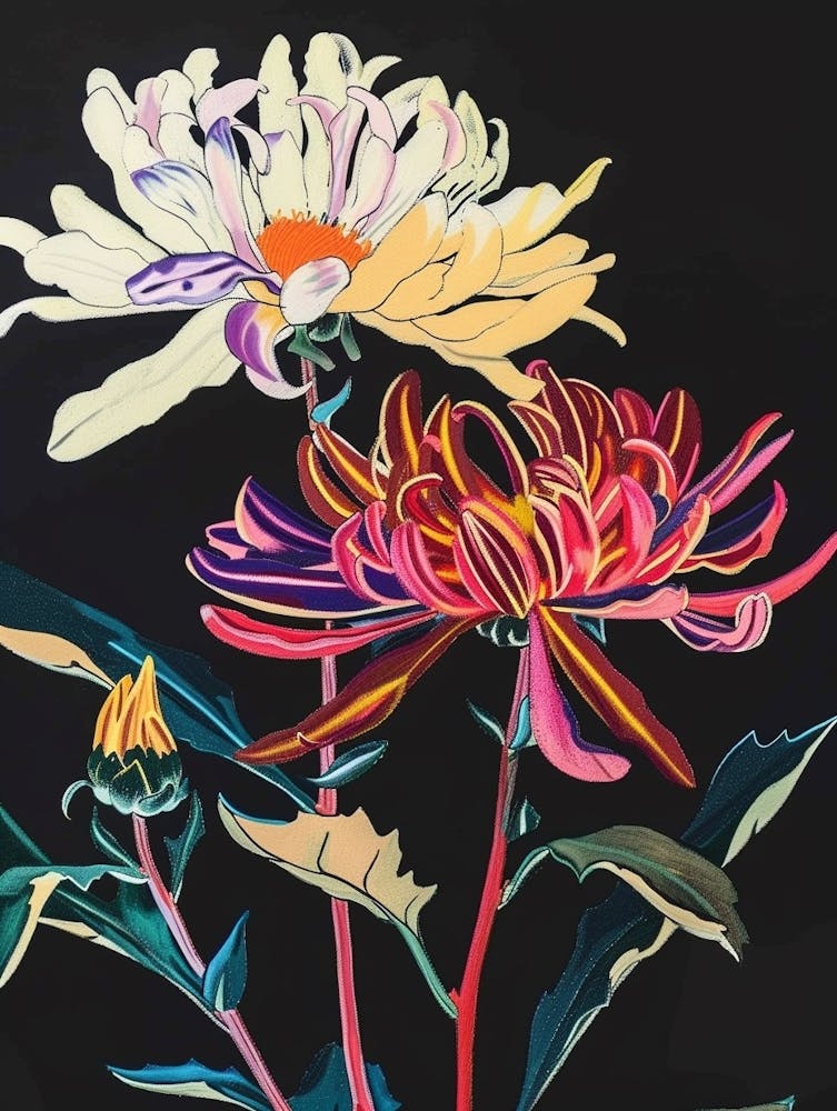 Neon Flowers On Black Chrysanthemum 2