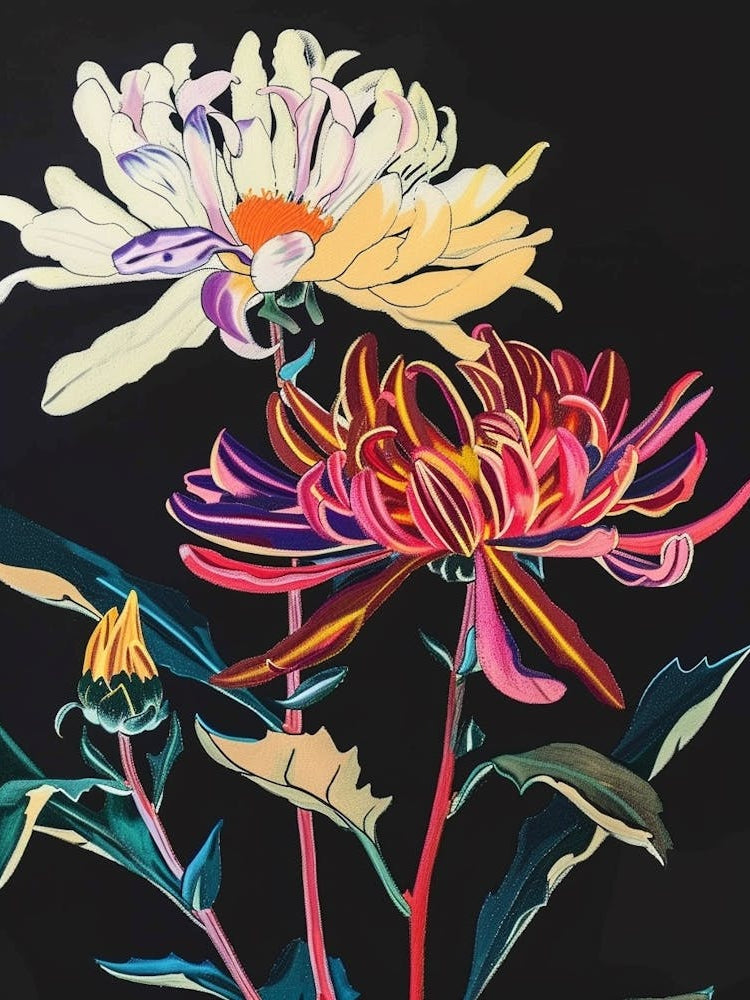 Neon Flowers On Black Chrysanthemum 2
