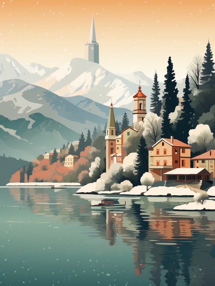 Vintage Winter Travel Illustration Lake Como Italy 2
