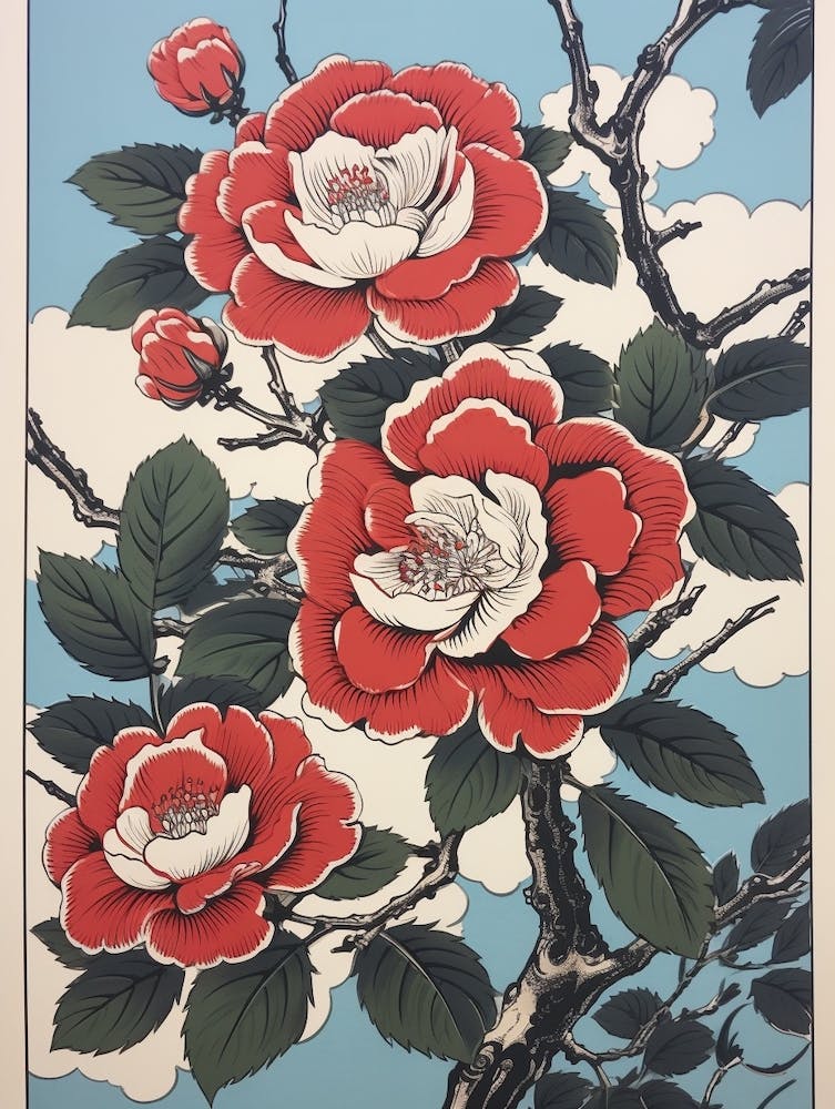 Benifuuki Japanese Tea Camellia Vintage Botanical Woodblock