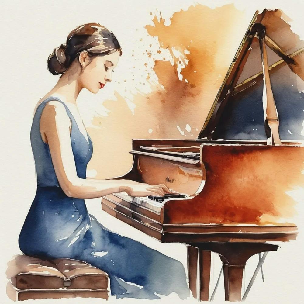 Watercolor Girl Playing Piano