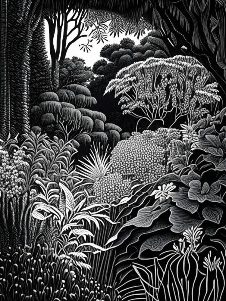 San Diego Botanic Garden, 1, Usa Linocut Black And White Vintage