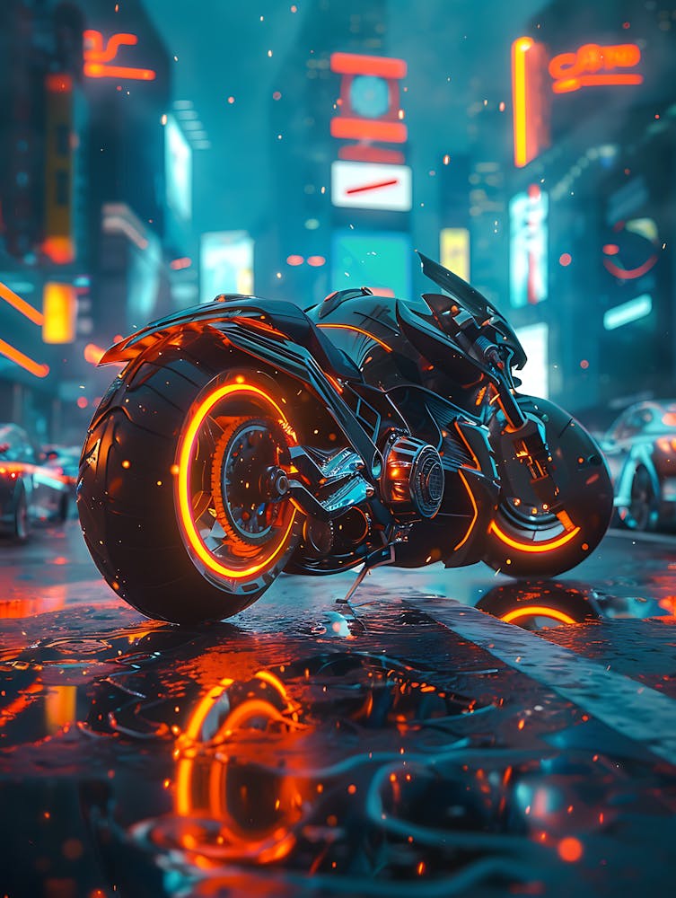 Neon Motorcycle In The City