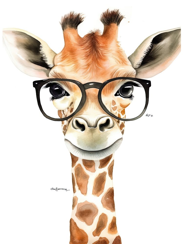 Smart Baby Giraffe Wearing Glasses Watercolour Illustration 2