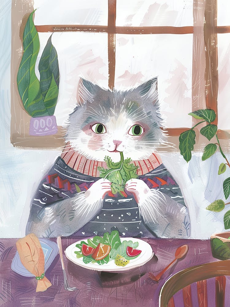 Cute Grey Cat Eating Salad Folk Illustration 1