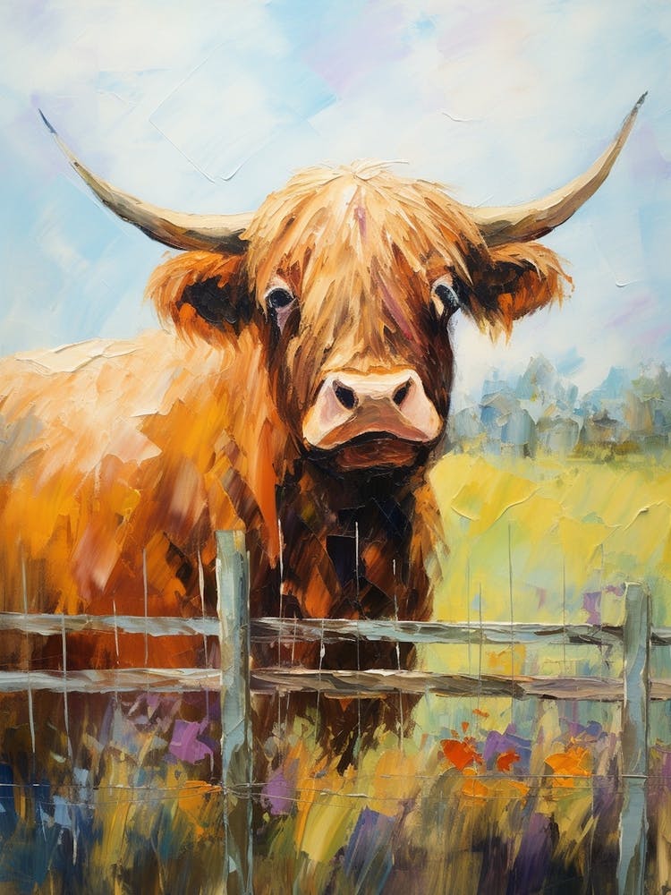 Impressionism Style Painting Of Highland Cow By Fence